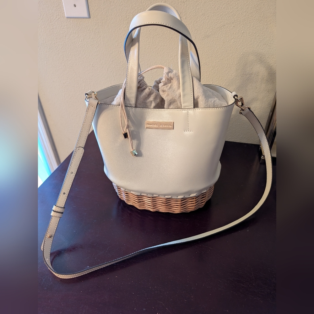 Heidi Klein Trieste White Leather Woven Wicker Wooden Basket Bag Tote Crossbody